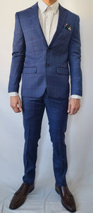 Slim Fit Blue Checkered Suit - Short