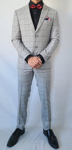 Slim Fit Light Grey Checkered Suit - Tall