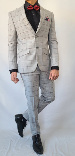 Slim Fit Light Grey Checkered Suit - Short