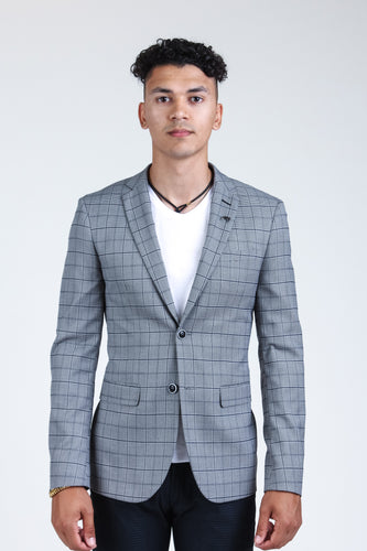 Grey Slim Checkered Blazer - Short