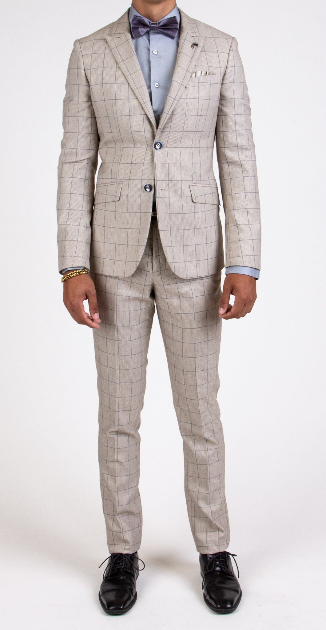 Slim Beige Checkered Suit - Short