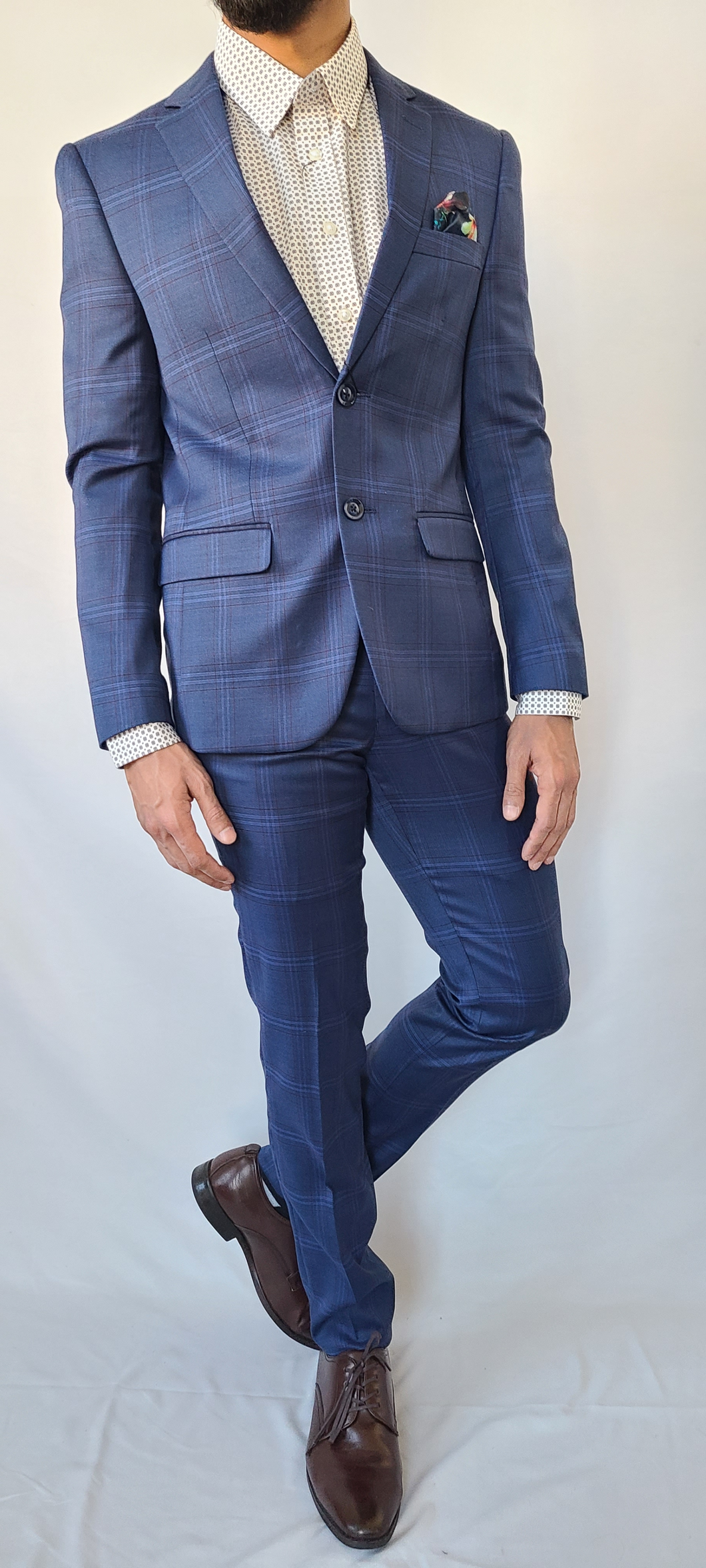 Slim Fit Blue Checkered Suit - Tall